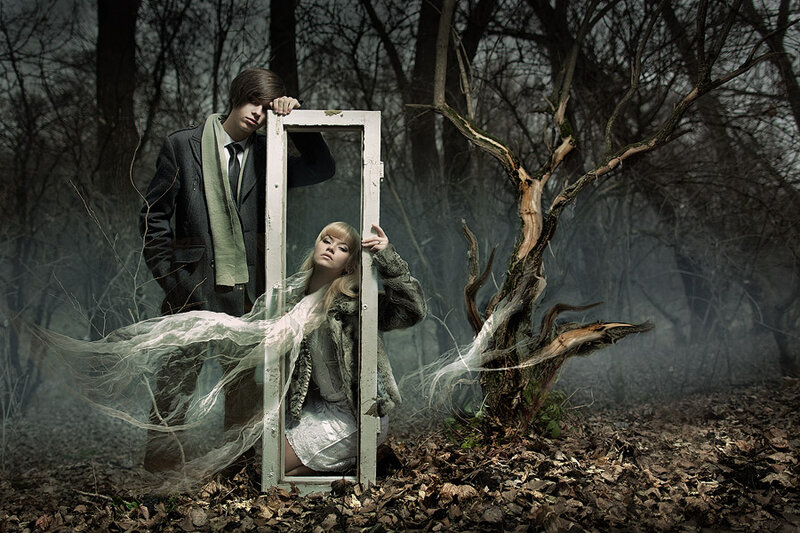 Man and Woman in Forest — Gray, Dramatic