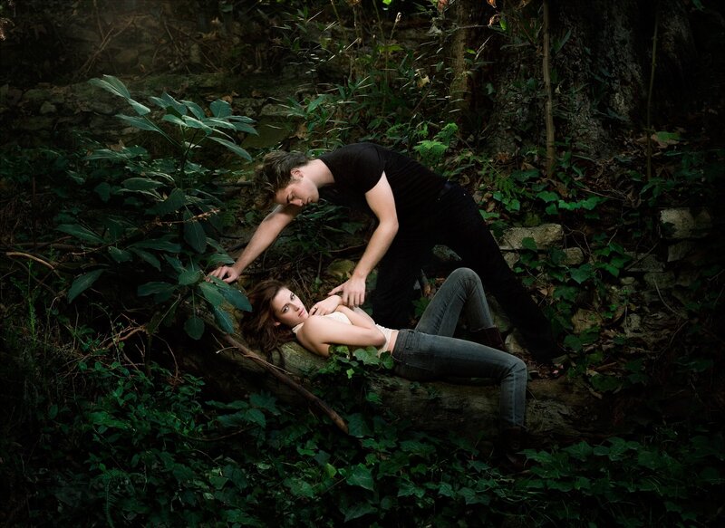 Man and Woman in Forest — Green, Dramatic, Photograph, Log, Plants, Black