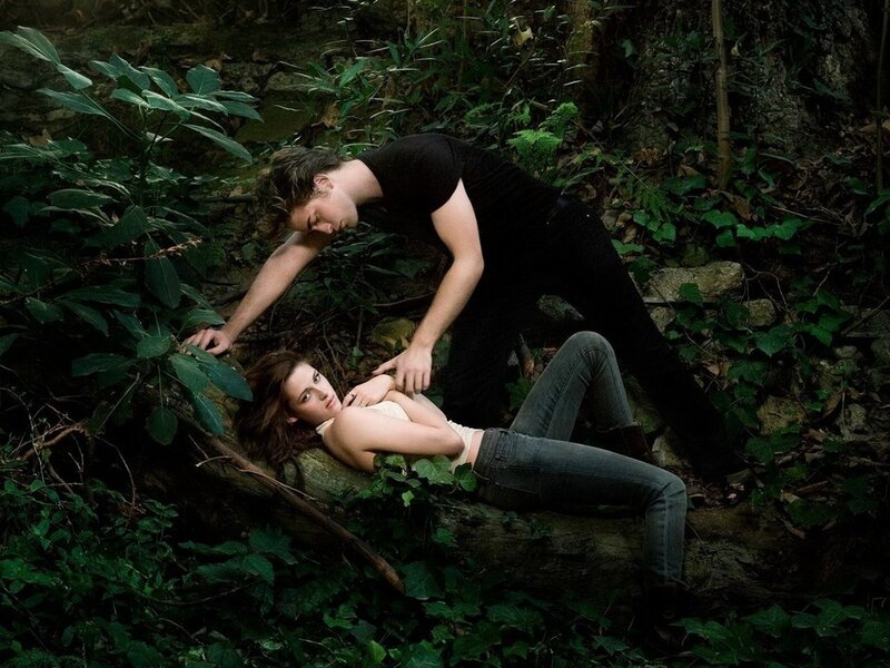 Man and Woman in Forest — Green, Dramatic, Photograph, Log, Plants