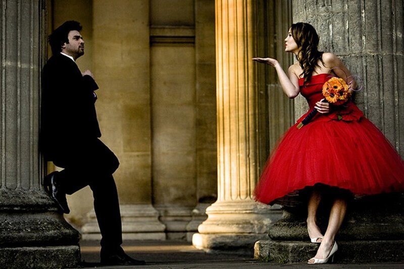 Man and Woman in Formal Wear — Red, Dramatic, Afternoon