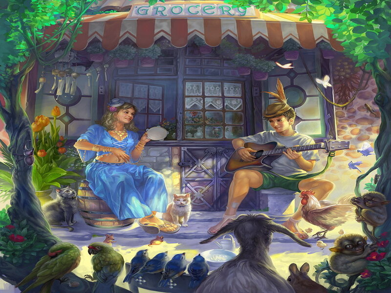 Man and Woman in Garden — Blue