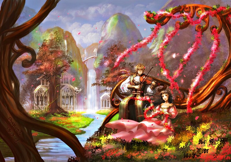Man and Woman in Garden — Pink, Serene, Spring