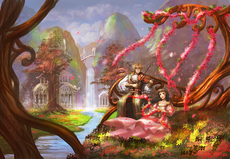 Man and Woman in Garden — Pink, Serene