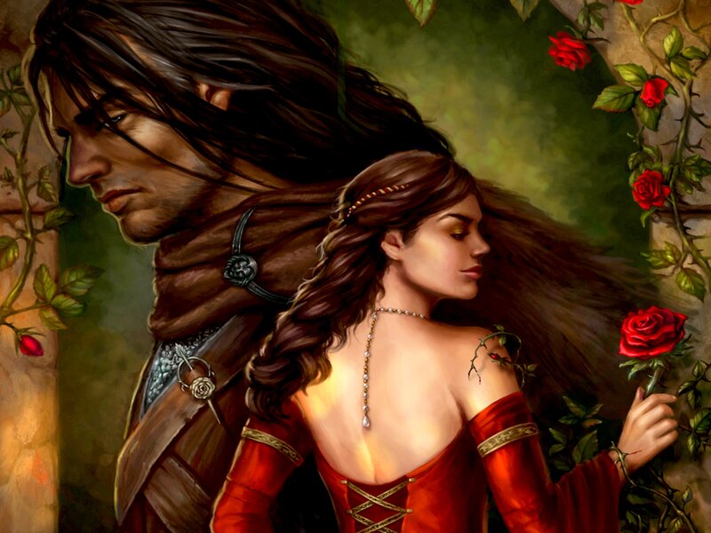 Man and Woman in Garden — Red
