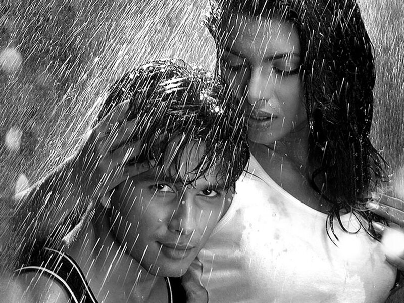 Man and Woman in Rain — Black, Dramatic, Photograph