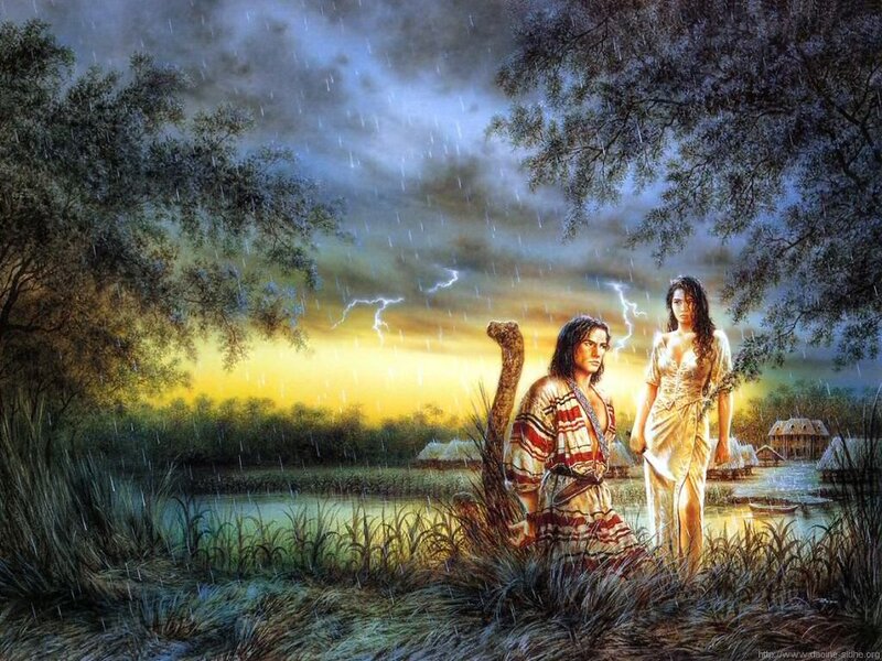Man and Woman in Rain — Yellow, Dramatic, Sunset, Digital Art, Lightning
