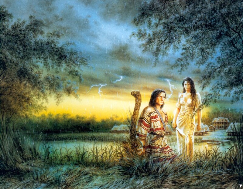 Man and Woman in Rain — Yellow, Dramatic, Sunset, Illustration