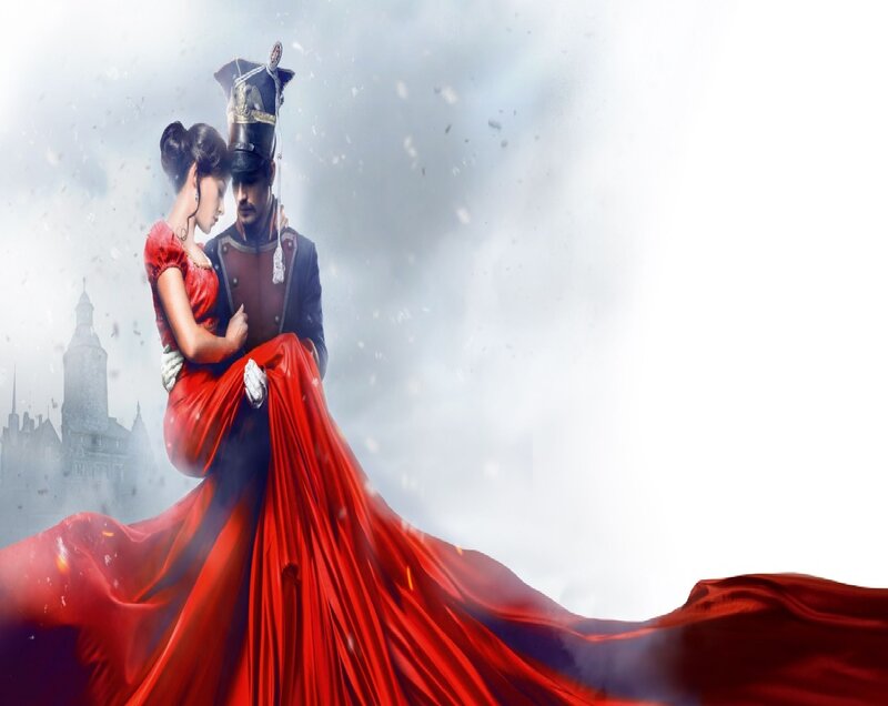 Man and Woman in Red Dress — Dramatic, Winter