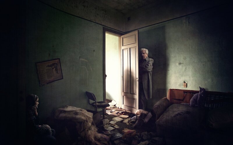 Man and Woman in Room — Green