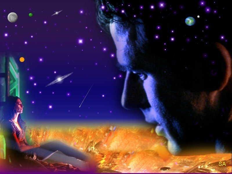 Man and woman in space scene