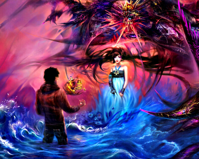 Man and Woman in Water — Blue, Dramatic, Digital Art