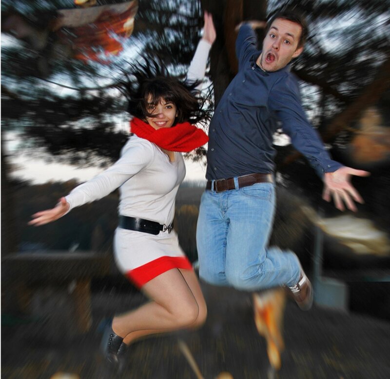 Man and Woman Jumping — White