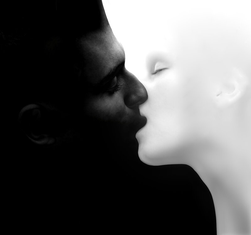Man and Woman Kissing — Black, Dramatic, Photograph, Faces