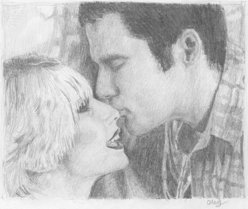 Man and Woman Kissing — Black, Intimate, Illustration