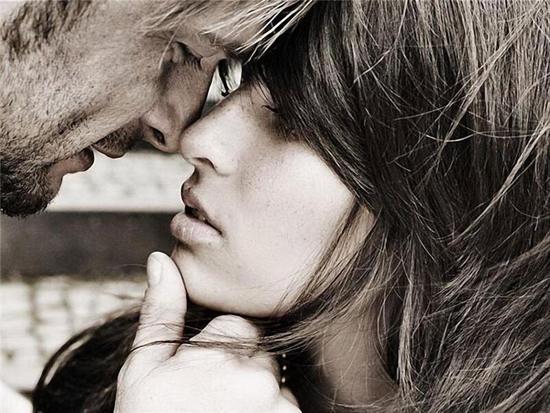 Man and Woman Kissing — Black, Intimate, Photograph, Face, Hand