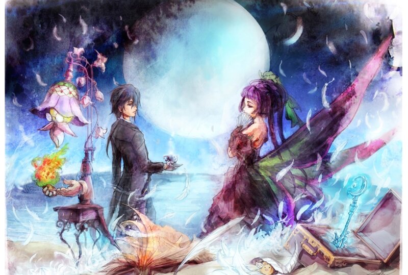 Man and Woman on Beach — Blue, Dramatic, Night, Digital Art
