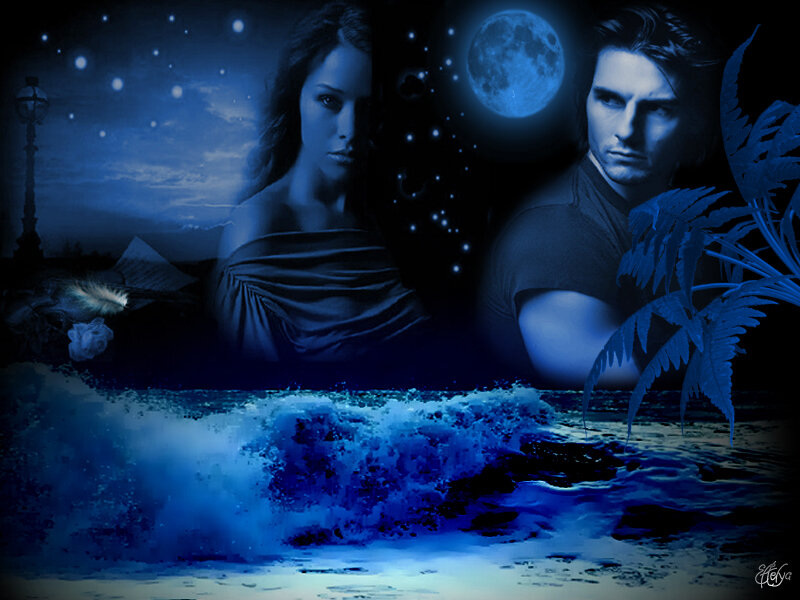 Man and Woman on Beach — Blue, Dramatic, Night