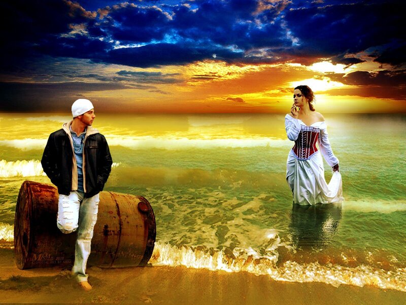 Man and Woman on Beach — Blue, Dramatic