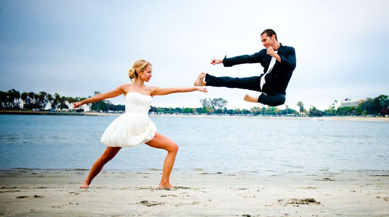 Man and Woman on Beach — White, Dramatic