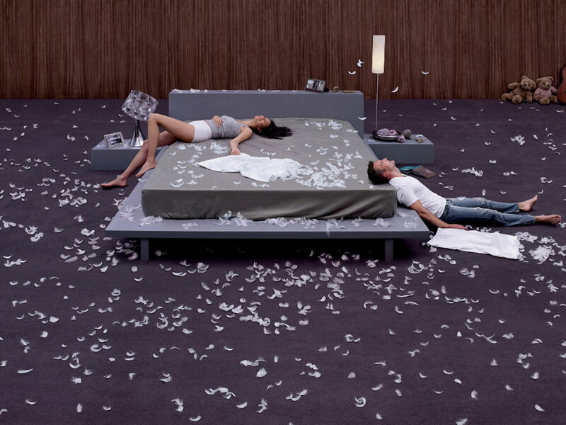 Man and Woman on Bed — Gray, Calm, Photograph