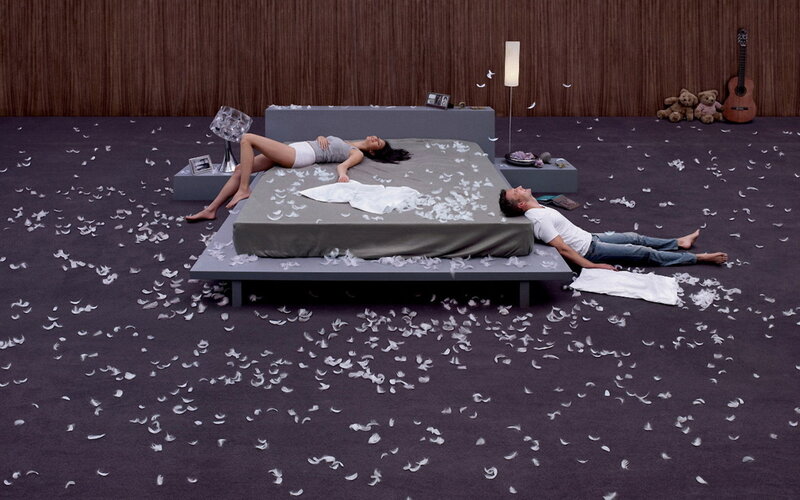 Man and Woman on Bed — Gray, Calm