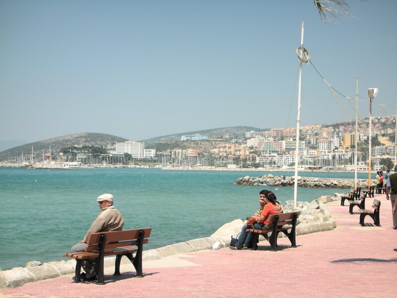 Man and Woman on Bench — Blue