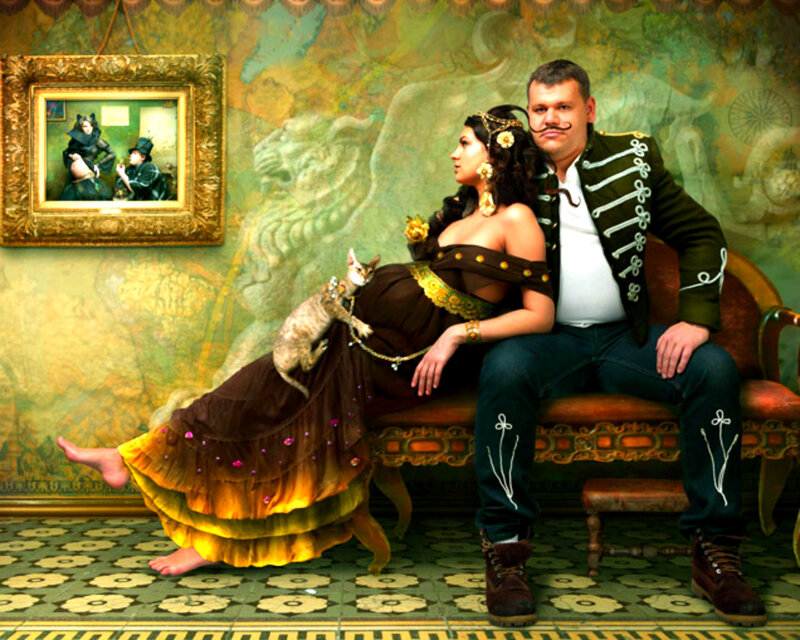 Man and Woman on Bench — Green, Dramatic