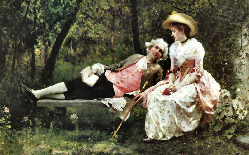 Man and Woman on Bench — Green, Serene