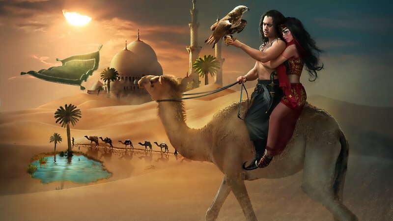 Man and Woman on Camel — Orange, Dramatic
