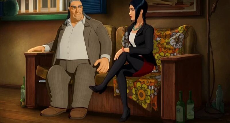 Man and Woman on Couch — Brown, Dramatic, Night
