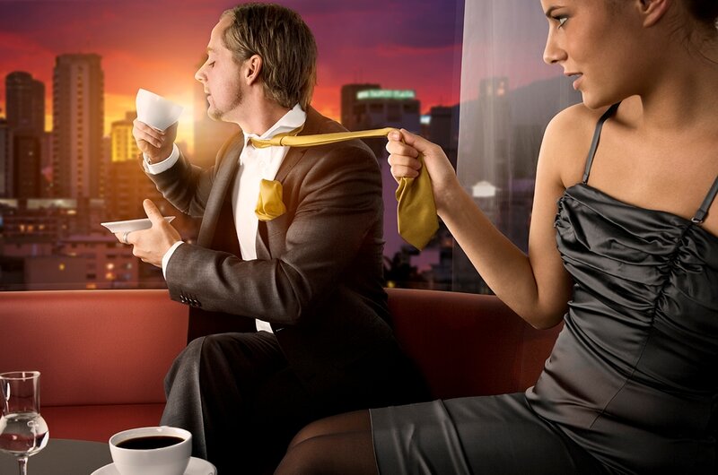 Man and Woman on Couch — Red, Dramatic, Sunset
