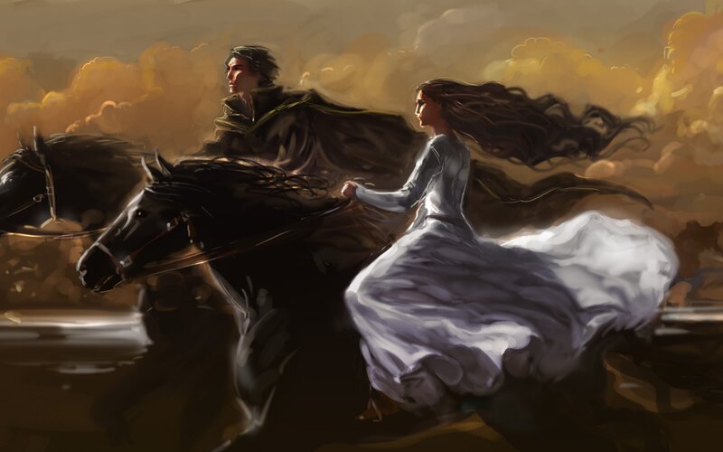 Man and Woman on Horse — Brown, Dramatic, Sunset