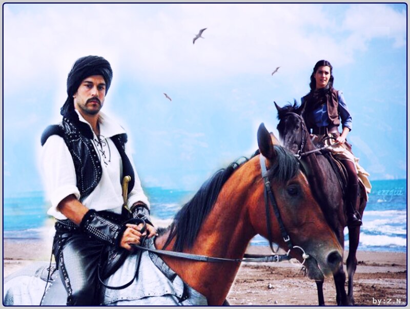Man and Woman on Horses — Blue