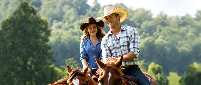 Man and Woman on Horses — Green, Serene, Afternoon