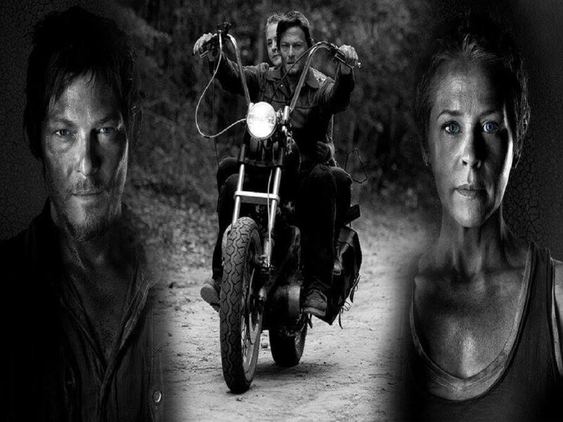Man and Woman on Motorcycle — Black, Dramatic, Photograph