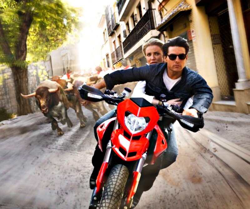 Man and Woman on Motorcycle — Red, Dramatic, Afternoon