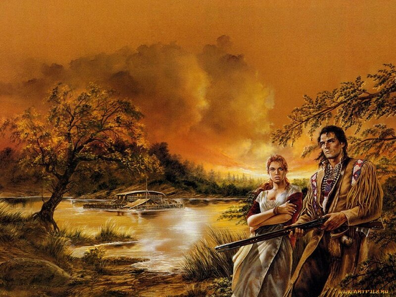 Man and Woman on Riverbank — Orange, Dramatic