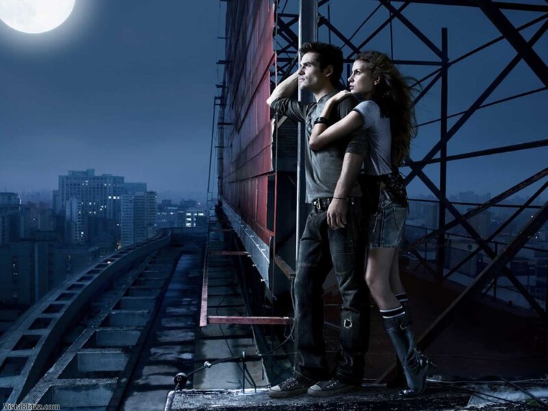 Man and Woman on Rooftop — Blue, Dramatic