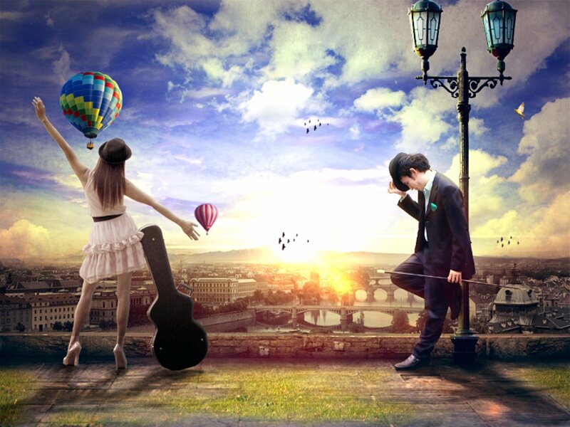 Man and Woman on Rooftop — Blue, Dreamy