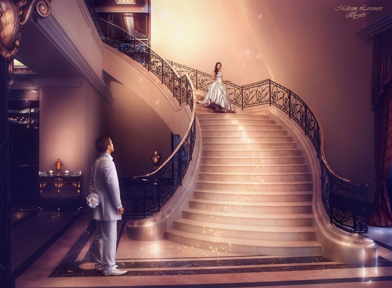 Man and Woman on Stairs — White