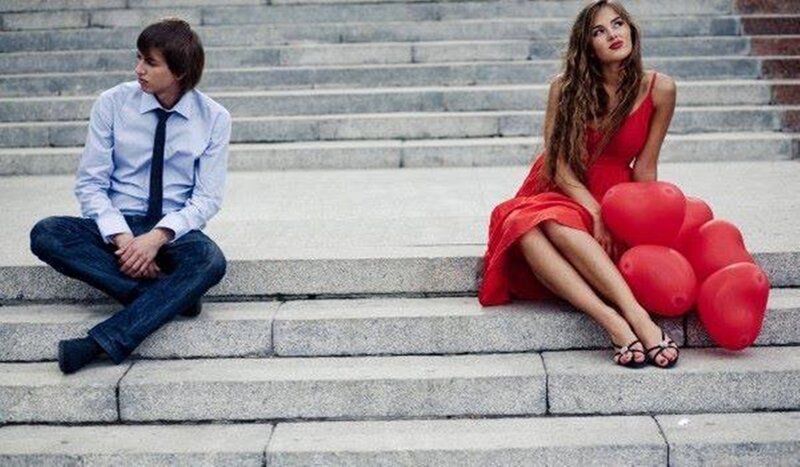 Man and Woman on Steps — Red