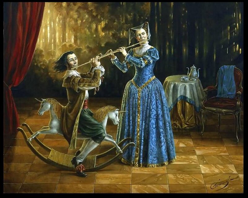 Man and Woman Playing Flutes