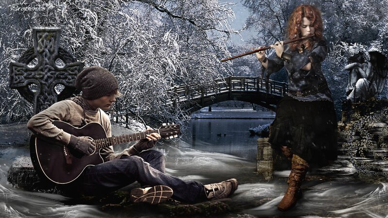 Man and Woman Playing Music — Black