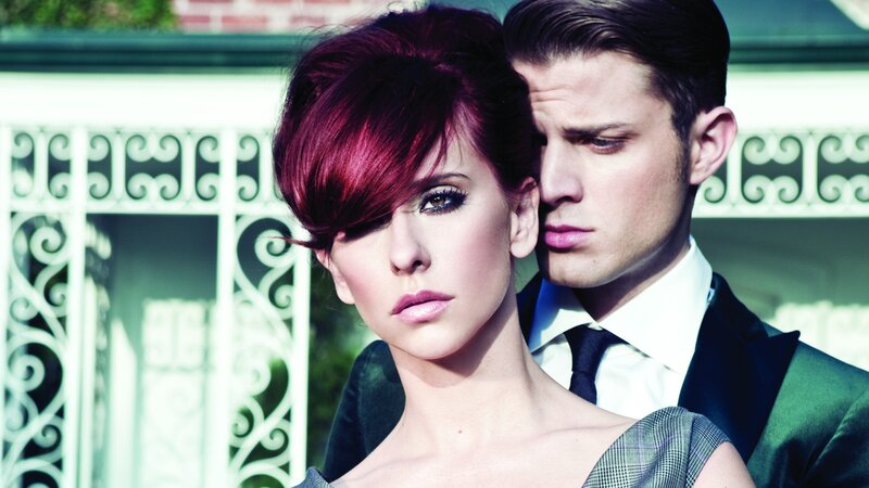 Man and Woman Posing — Red, Dramatic, Afternoon