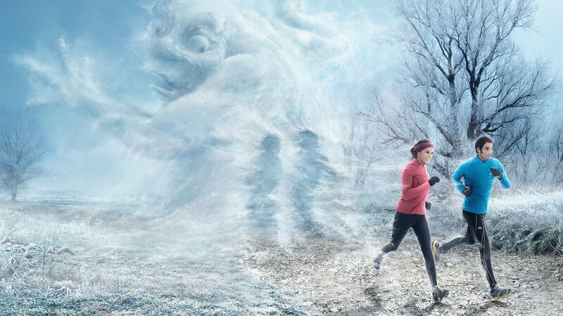 Man and Woman Running — Blue, Dramatic