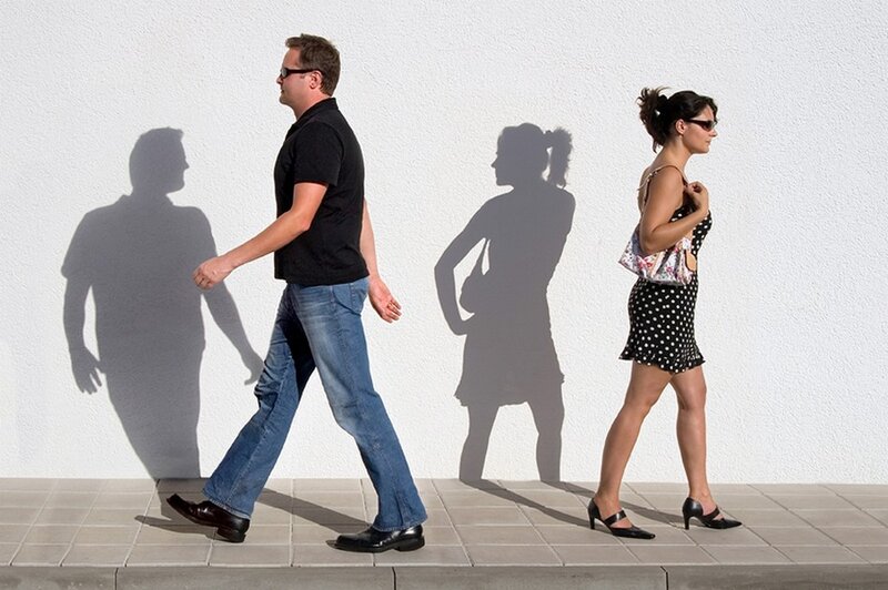 Man and Woman Walking — White, Neutral