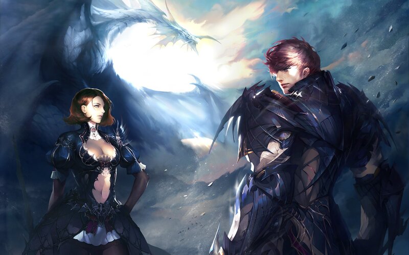 Man and Woman with Dragon — Blue, Dramatic