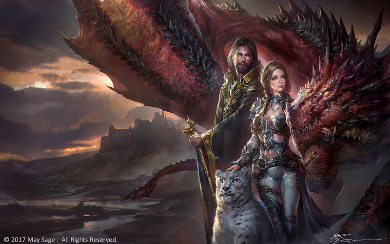 Man and Woman with Dragon — Red, Dramatic