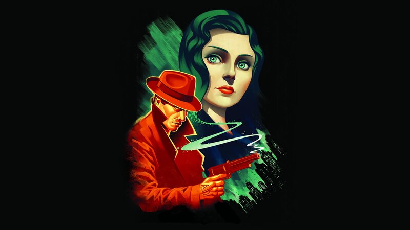 Man and Woman with Gun — Black, Dramatic, Night, Digital Art, Hat, Cityscape