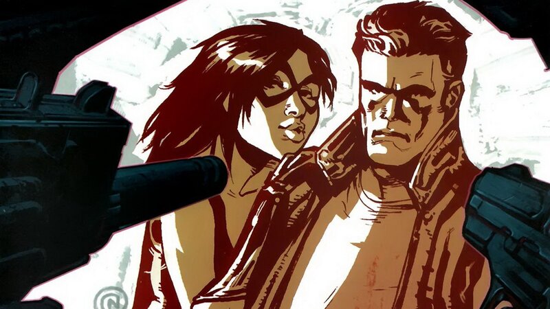 Man and Woman with Guns — Red, Dramatic, Comic